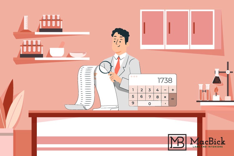 Illustration of a professional standing behind a counter in a laboratory setting, surrounded by equipment like test tubes, flasks, and a calculator displaying '1738.' The image emphasizes laboratory design, planning, and budgeting in a modern, organized workspace.